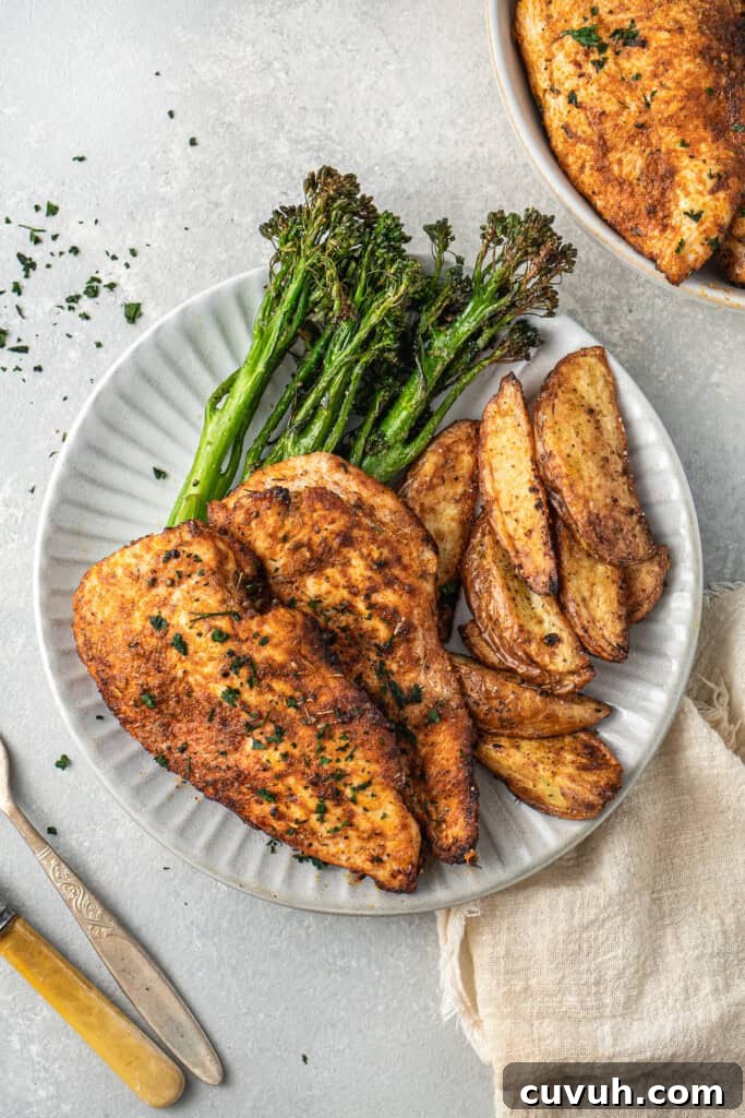 Crispy Air Fryer Broccolini with Lemon Garlic Salsa 9 Air fryer chicken breast with broccolini and wedges.