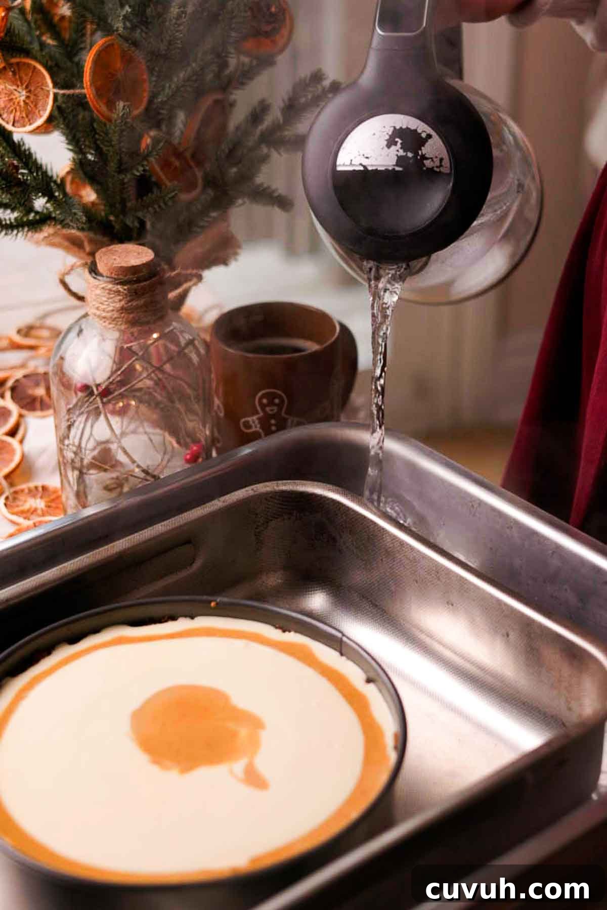 Gingerbread Cheesecake Recipe with Spiced Graham Crust 13 prepping water bath for gingerbread cheesecake