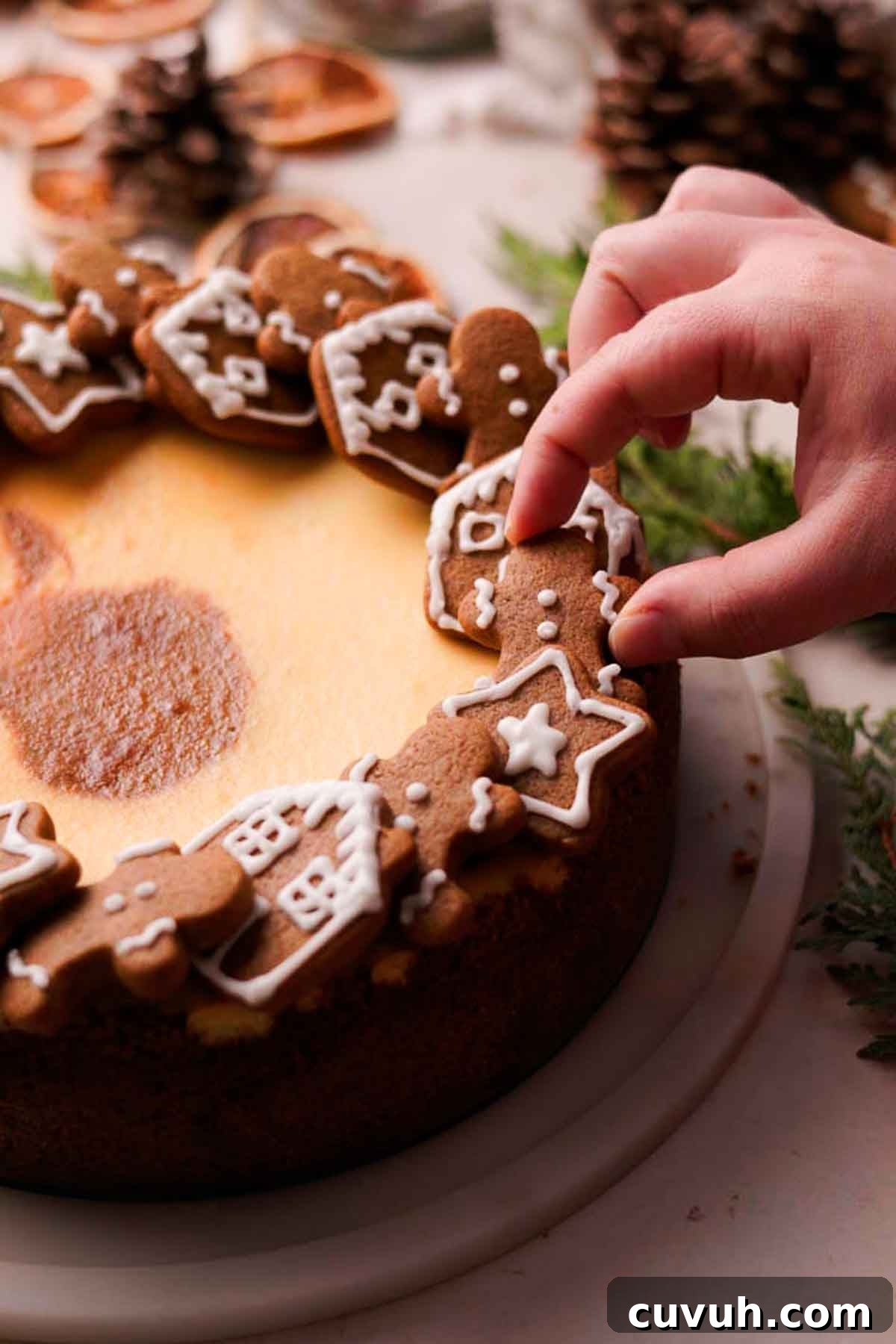 Gingerbread Cheesecake Recipe with Spiced Graham Crust 15 decorating the gingerbread cheesecake with gingerbread cookies