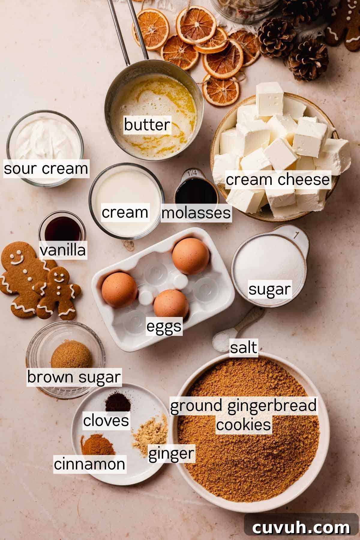 Gingerbread Cheesecake Recipe with Spiced Graham Crust 4 measured out ingredients for gingerbread cheesecake