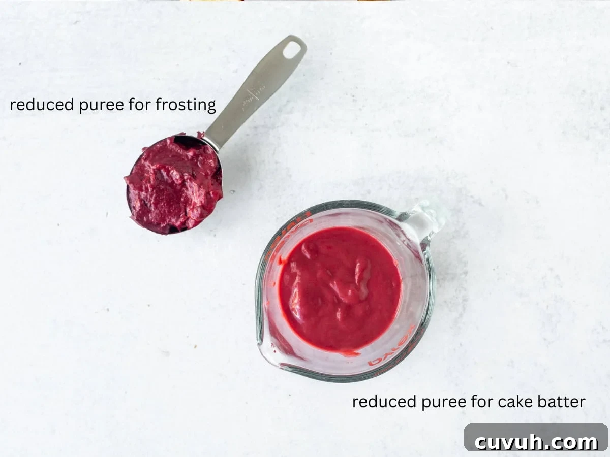 Moist Strawberry Layer Cake with Fresh Strawberry Frosting 4 measuring cup with reduced strawberry puree for strawberry frosting, and liquid measuring cup with reduced strawberry puree for cake batter