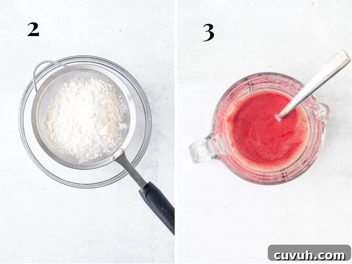 Moist Strawberry Layer Cake with Fresh Strawberry Frosting 5 Dry ingredients sifted into a bowl and wet ingredients whisked together in a liquid measuring cup