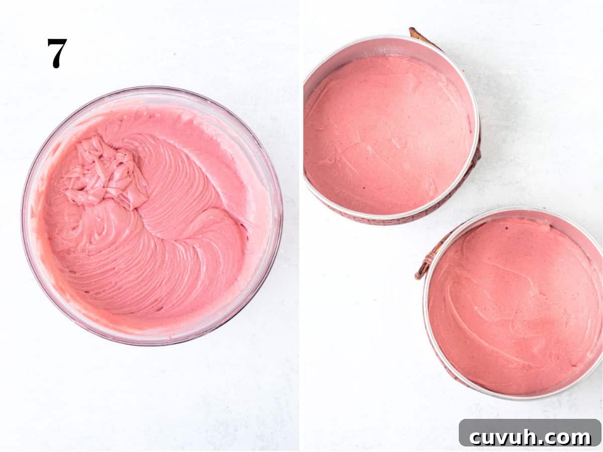 Moist Strawberry Layer Cake with Fresh Strawberry Frosting 8 Bowl of strawberry cake batter and two round cake tins filled with strawberry cake batter