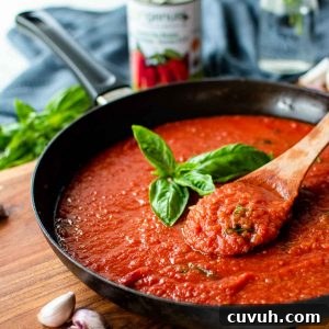 Authentic San Marzano Tomato Sauce Recipe for Homemade Pasta 11 tomato sauce in a black skillet with a sprig of basil in the centre.