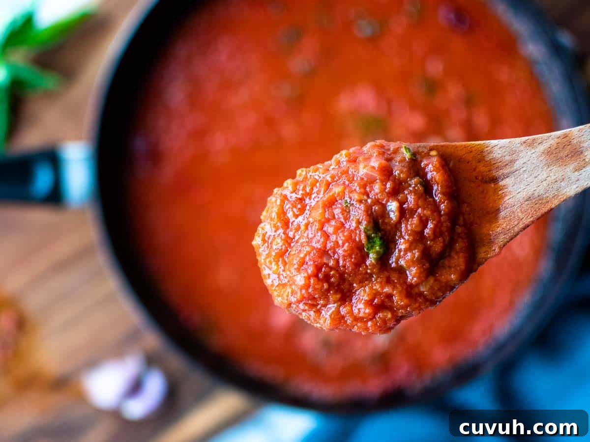 Authentic San Marzano Tomato Sauce Recipe for Homemade Pasta 9 Close up of a spoonful of tomato sauce with the pan in the background.