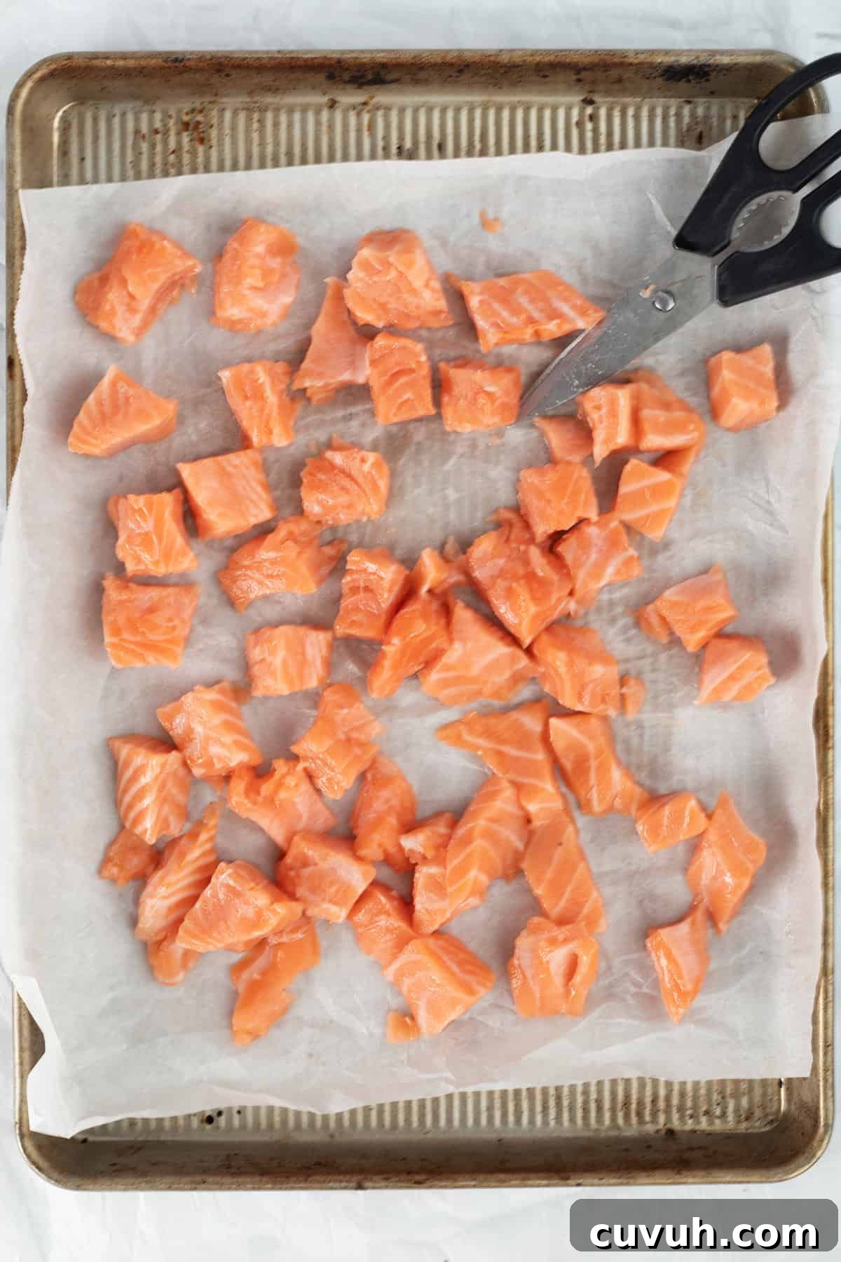 cut pieces of salmon on a sheet tray.