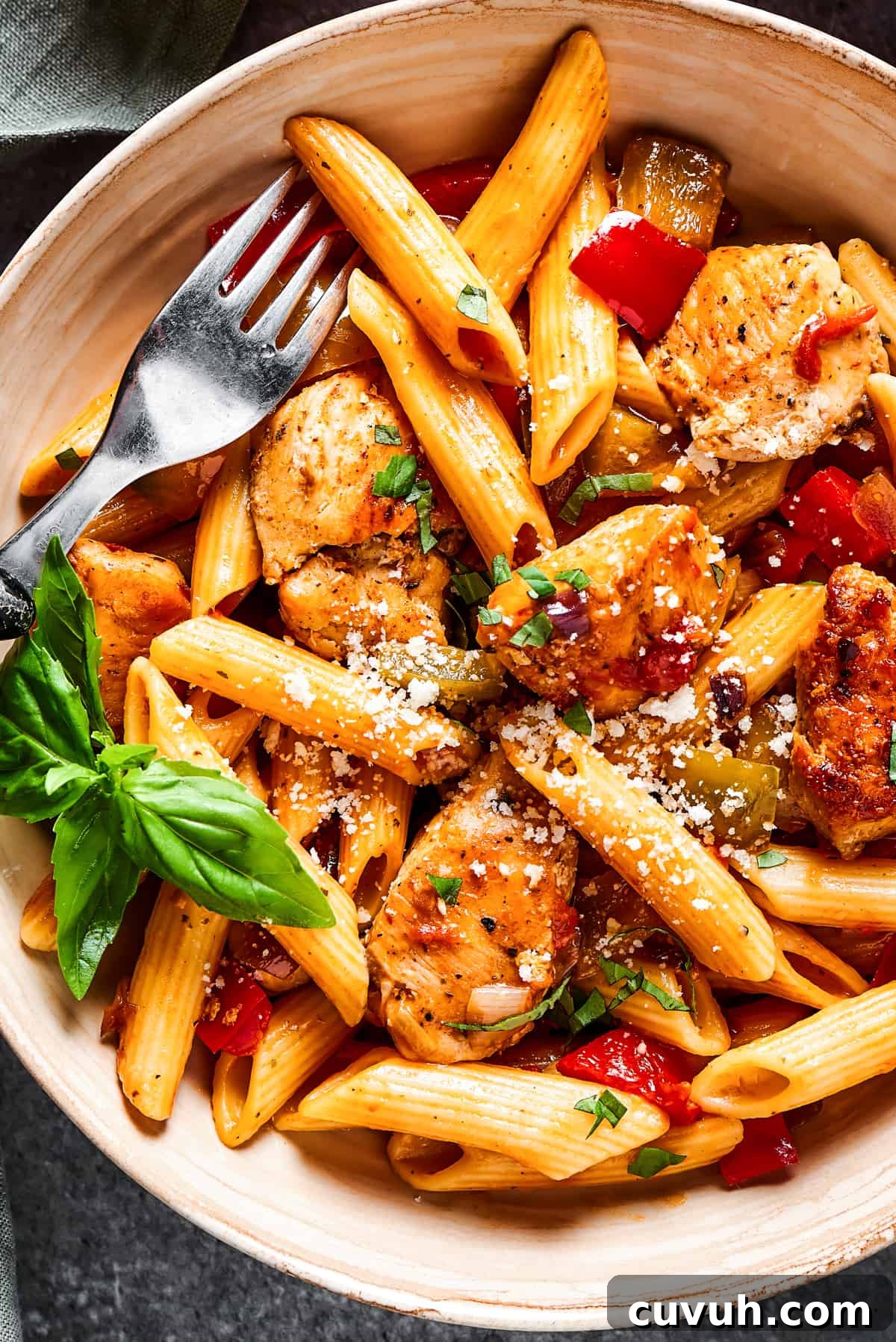 overhead close up of chicken and penne with tomatoes, peppers, and onions.