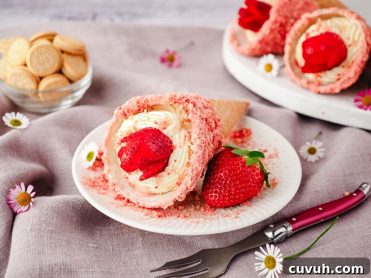 Strawberry Crunch Cheesecake Cones Recipe for Summer Treats 2 Strawberry crunch cheesecake cone on a plate with a fresh strawberry and fork on the side.