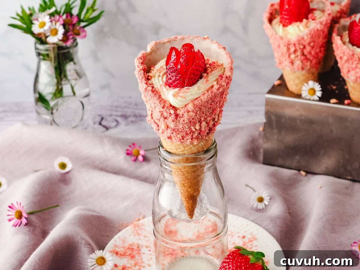 Strawberry Crunch Cheesecake Cones Recipe for Summer Treats 7 Serving strawberry crunch dessert cone rested upright in a glass jar.