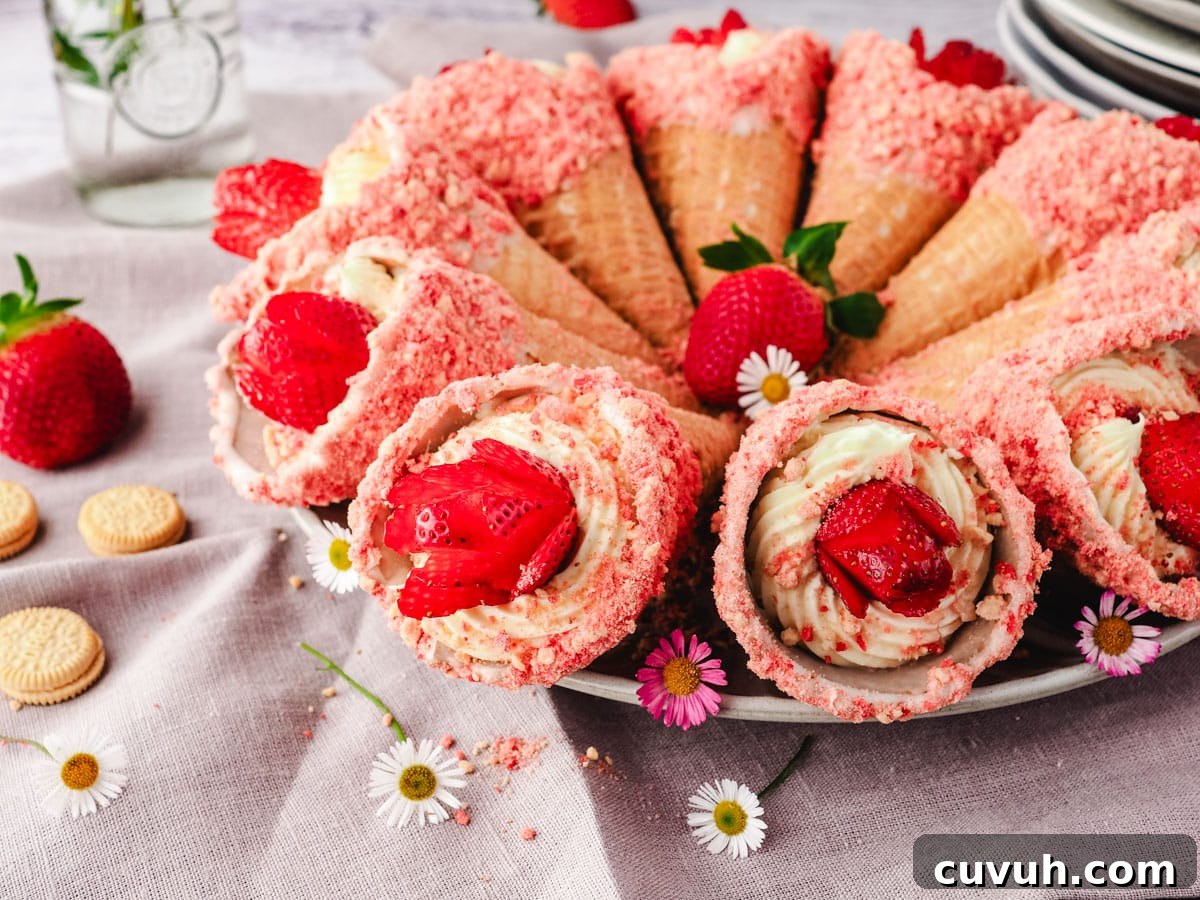 Strawberry Crunch Cheesecake Cones Recipe for Summer Treats 8 Serving plate of strawberry shortcake cones with cheesecake filling.