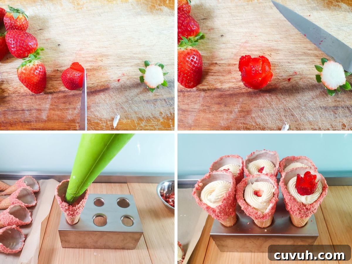 Strawberry Crunch Cheesecake Cones Recipe for Summer Treats 5 Partly slice flat, thin pieces of strawberry around in layers to form ‘rose petals’. Pipe filling into cones and top with strawberry rose.