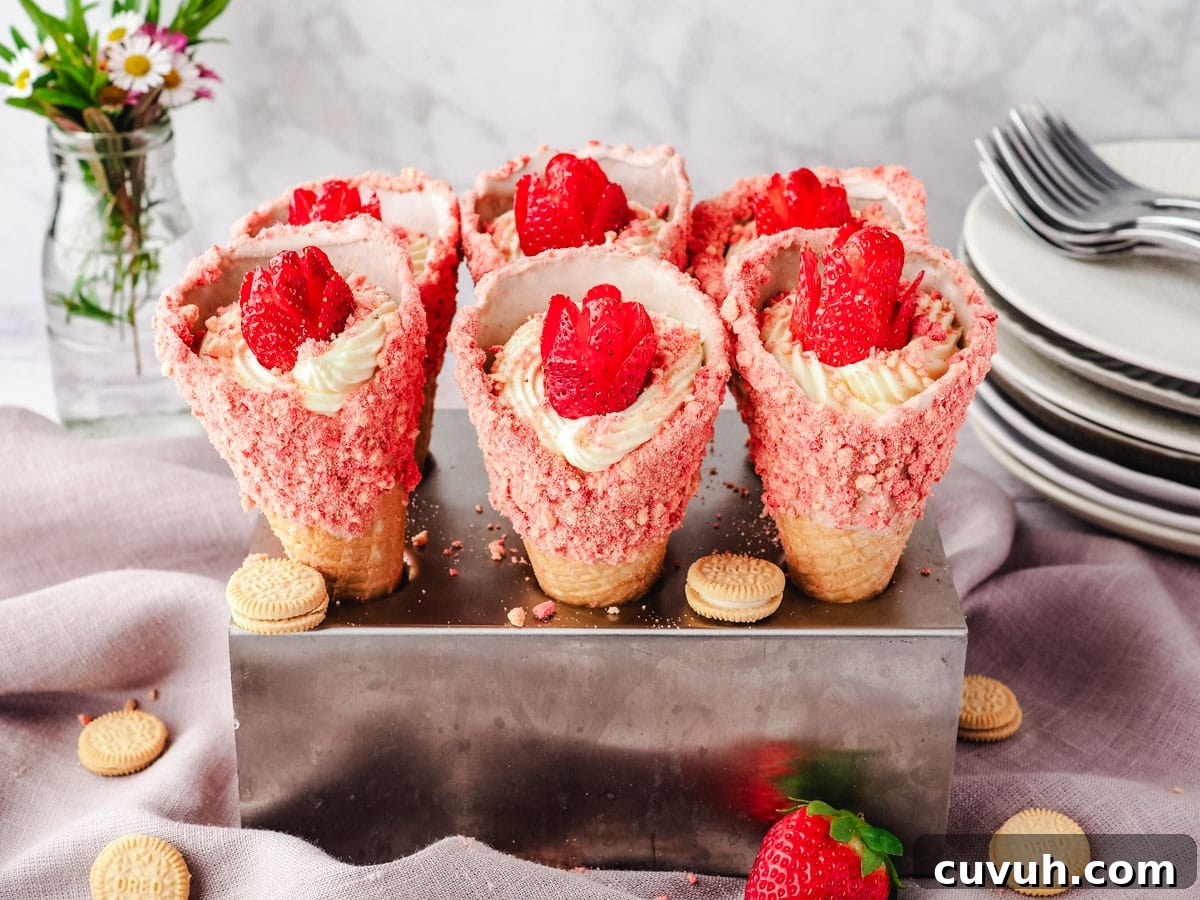 Strawberry Crunch Cheesecake Cones Recipe for Summer Treats 6 Serving strawberry cheesecake crunch cones in an ice cream cone holder.