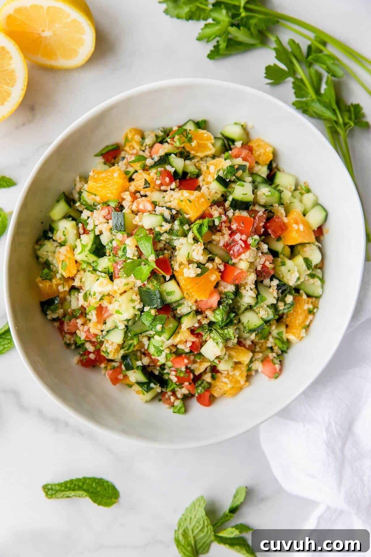 easy tabouli salad with fresh tomato and parsley