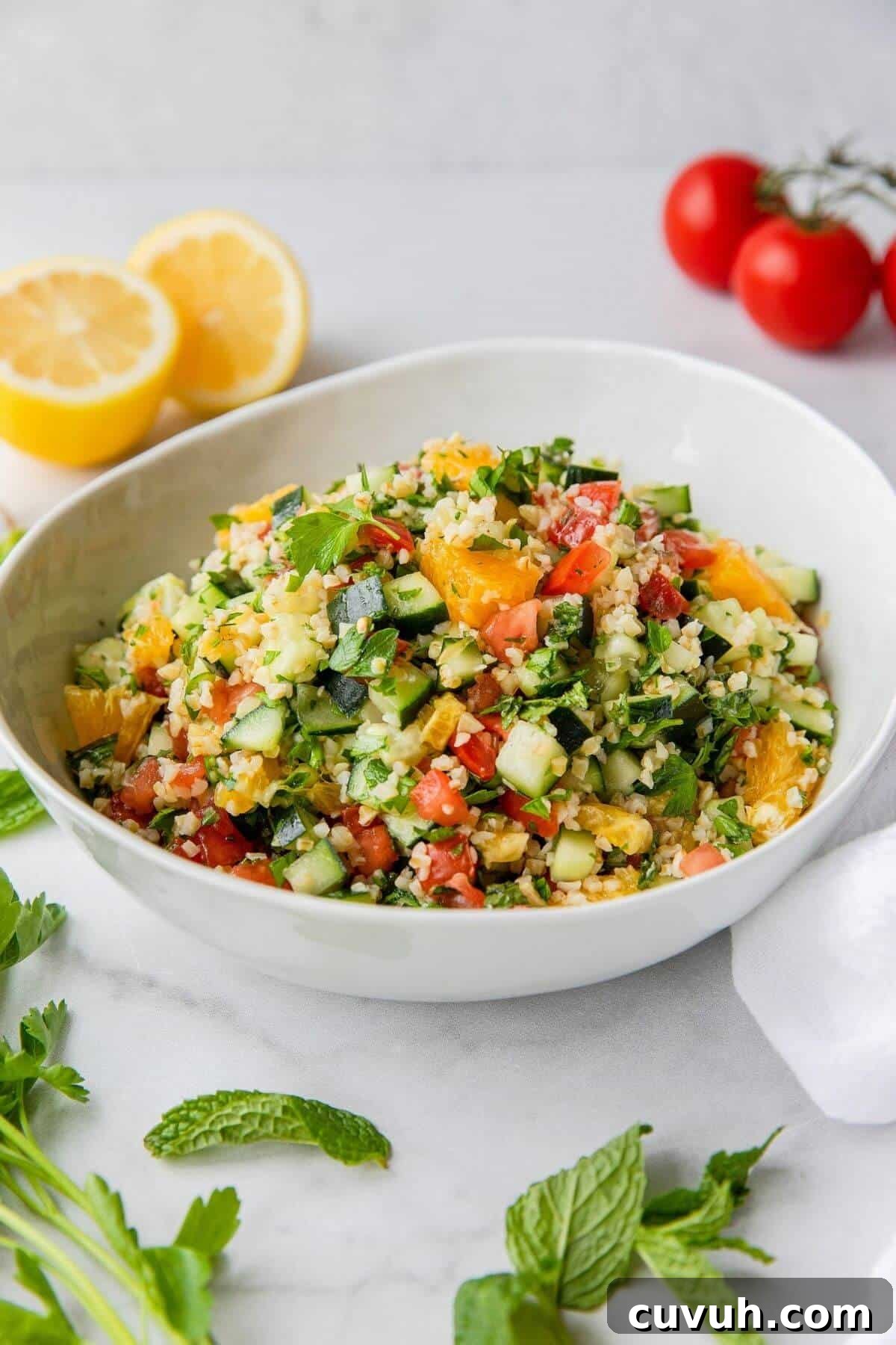close up of orange tabouli salad