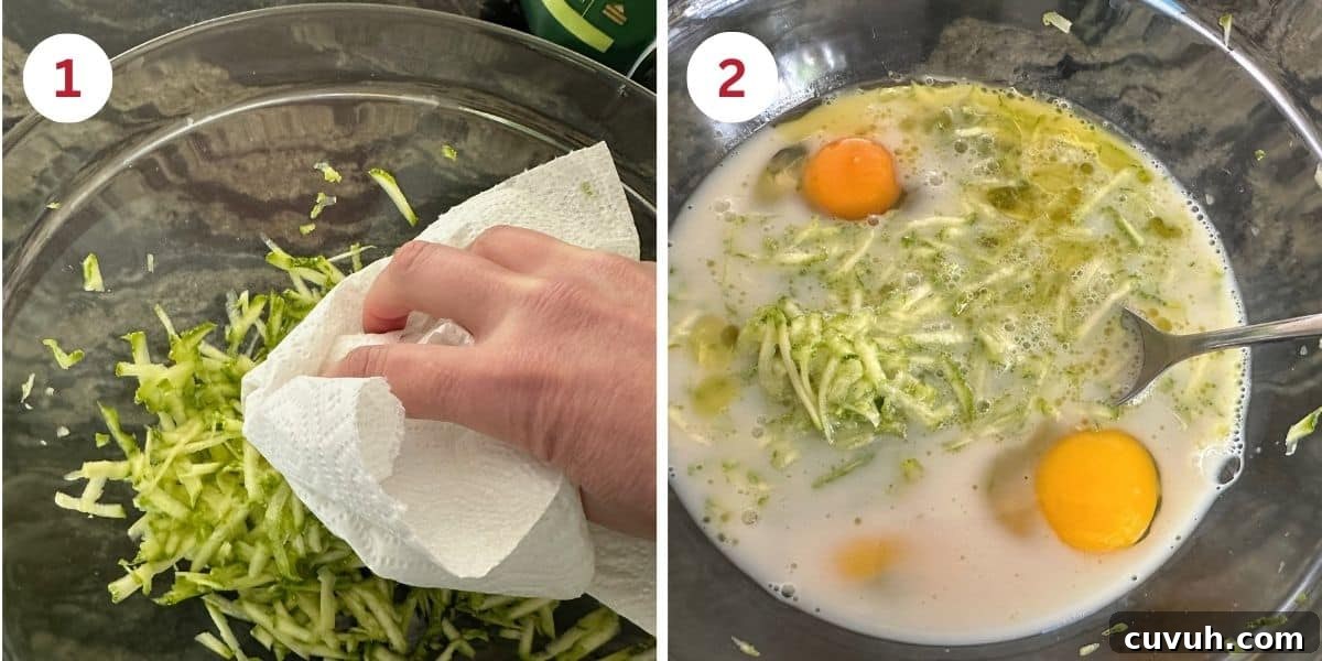 Photos showing drying the zucchini shreds and mixing the wet ingredients.