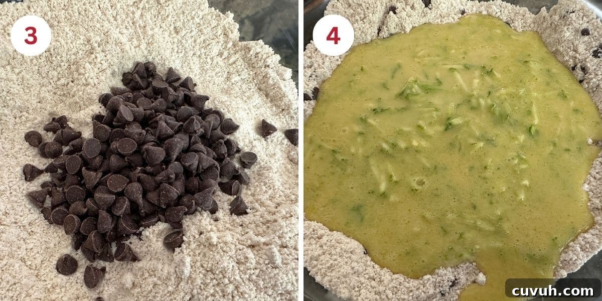 Photos showing the dry ingredients in a mixing bowl and adding the wet ingredients.