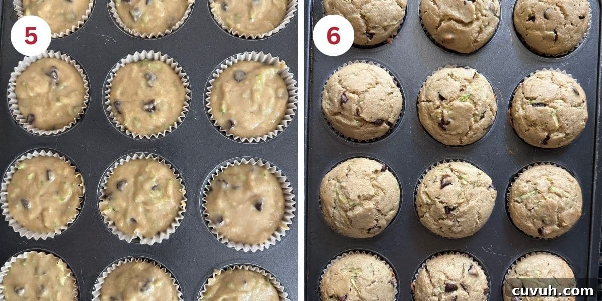 The muffins in the pan before and after baking.