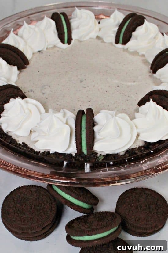 Grasshopper Mint Chocolate Ice Cream Pie Recipe 4 Grasshopper Ice Cream Pie uses mint chocolate chip ice cream with minty Oreo cookies for a delicious treat.