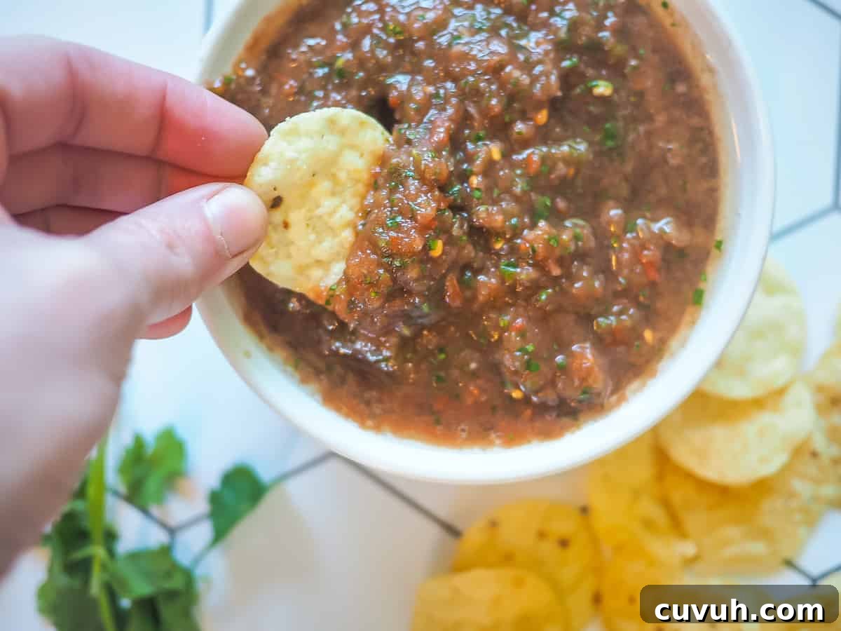 Fresh Garden Salsa Ready in 5 Minutes 6 A hand dipping a chip with homemade salsa on it with a pile of chips and cilantro next to it.