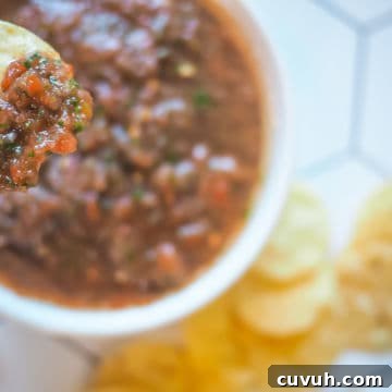 A chip with homemade salsa on it above a bowl of salsa and a pile of tortilla chips.