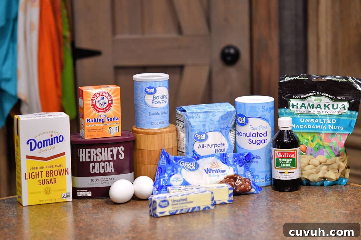 Chewy Chocolate Macadamia Nut Cookies Recipe 3 ingredients for chocolate macadamia nut cookies on a countertop