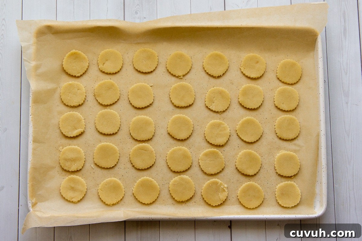 maple shortbread cut out and on a baking sheet.