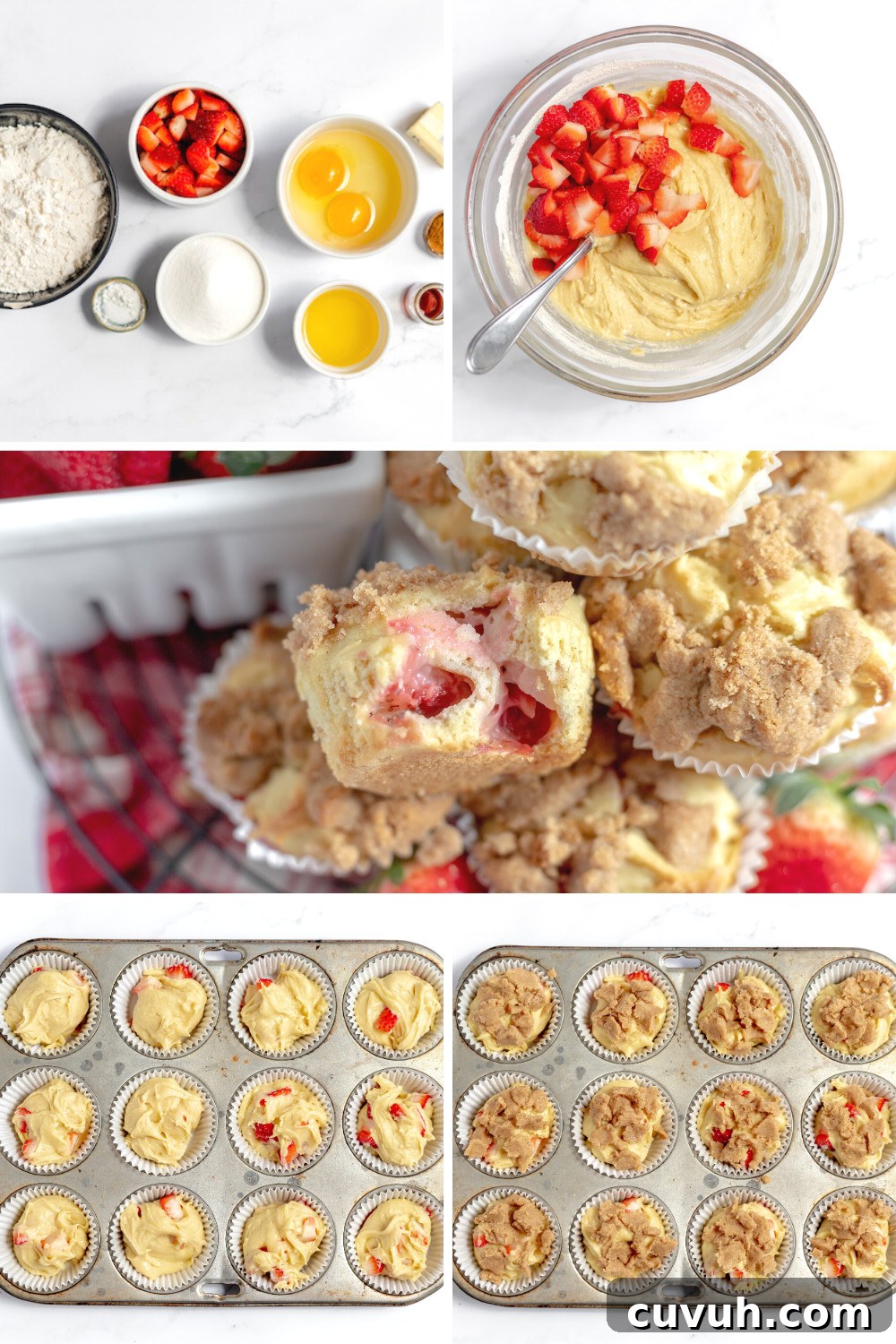 Strawberry Muffins Without Gluten — Quick Soft Recipe 5 Image shows a collage of photos depicting how to make gluten free strawberry muffins. The first photo contains all the ingredients, the second shows the strawberries being mixed into the batter, two photos on the bottom show the batter in muffin tins before and after the streusel topping, and a large photo in the middle of the collage shows the baked muffins on display.