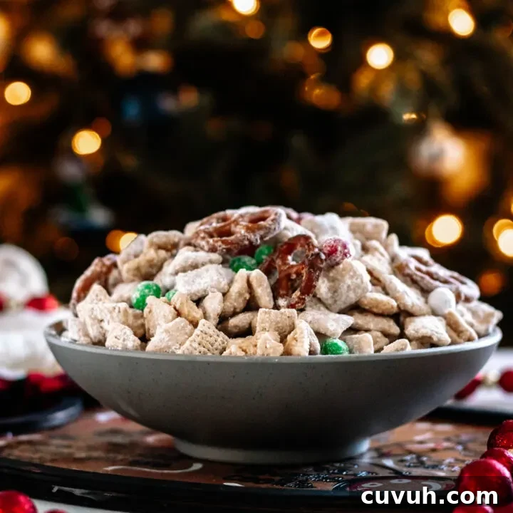 Give Santa what he wants! A bowl of Christmas Muddy Buddy Mix in a grey bowl set in front of a lit Christmas tree