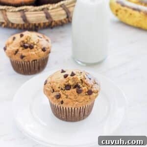 Banana oatmeal chocolate chip muffin on dish served with small bottle of milk.