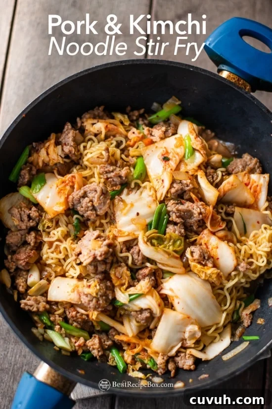 Korean Pork and Kimchi Stir Fried Noodles Recipe : Ramen Hack | BestRecipeBox.com Korean Pork and Kimchi Stir Fried Noodles Recipe : Ramen Hack in cooking pot