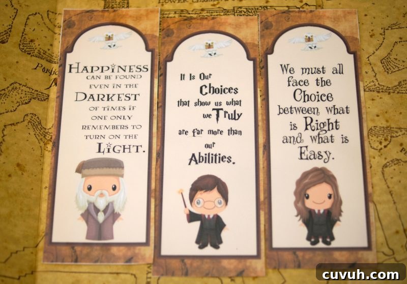 Free printable Harry Potter bookmarks featuring wise characters and memorable quotes.