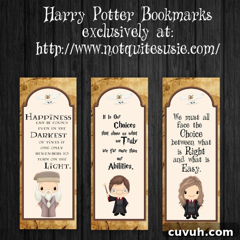 Downloadable printable Harry Potter bookmarks.