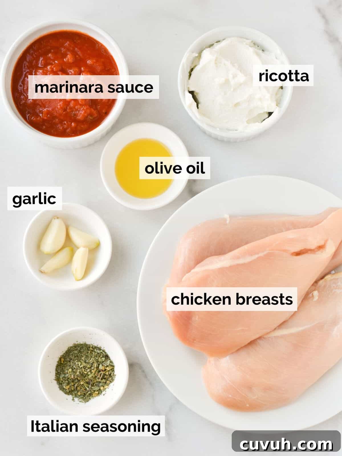 Ingredients for ricotta chicken on a white background.