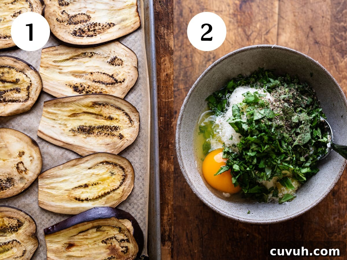 Two images side by side showing steps one and two for how to make eggplant lasagna.