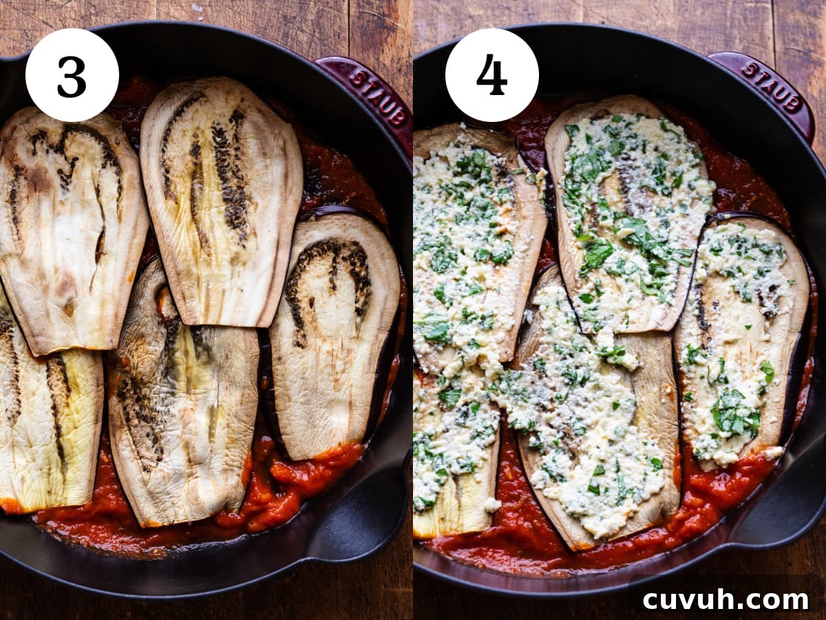 Two images side by side showing steps for how to make eggplant lasagna.