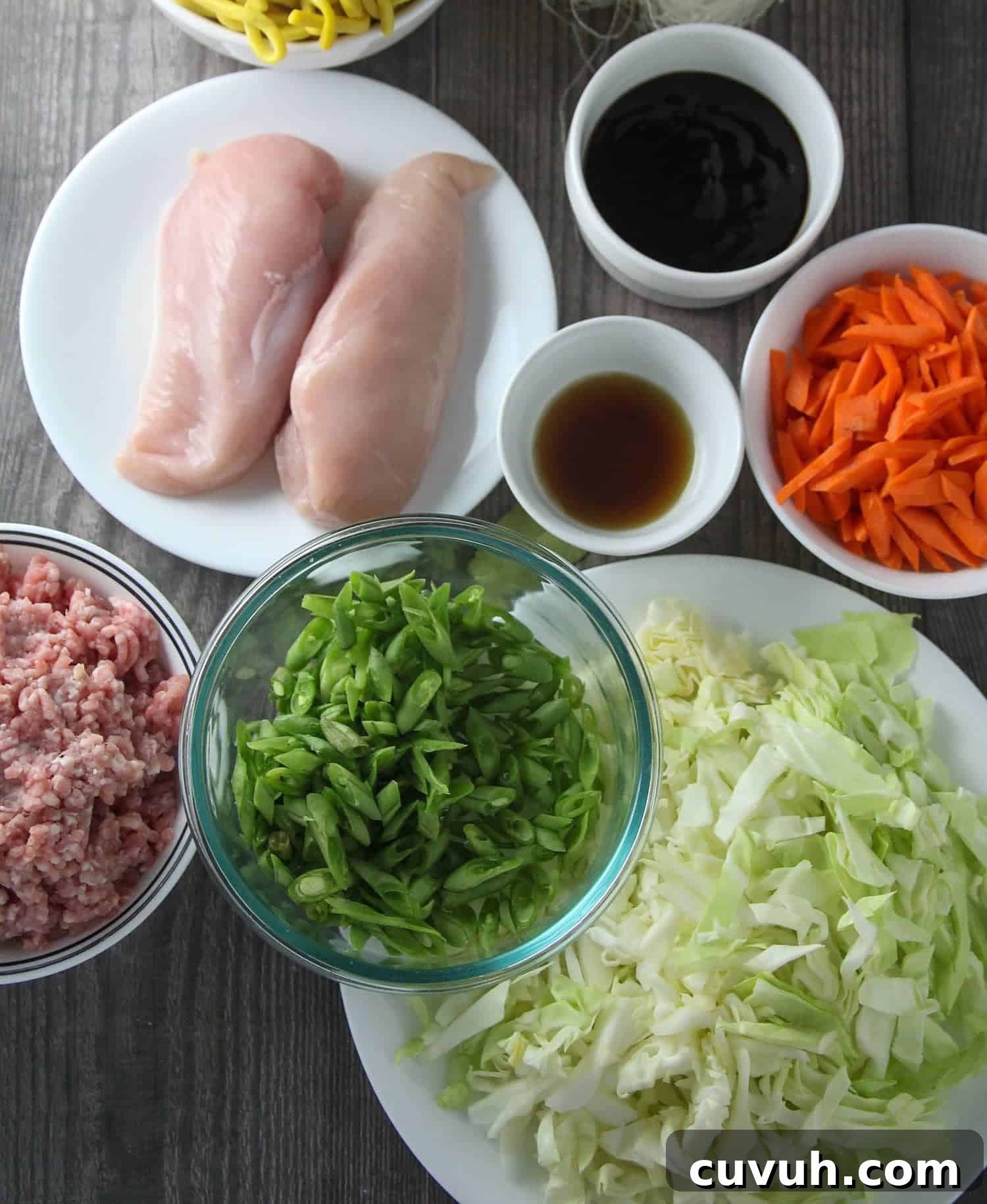 ground pork, chicken, shredded cabbage, julienned carrots, sliced green beans, oyster sauce