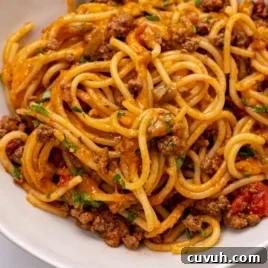 A close-up of a plate of Taco Spaghetti