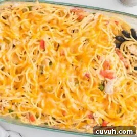 overhead shot of a baking dish full of Chicken Spaghetti