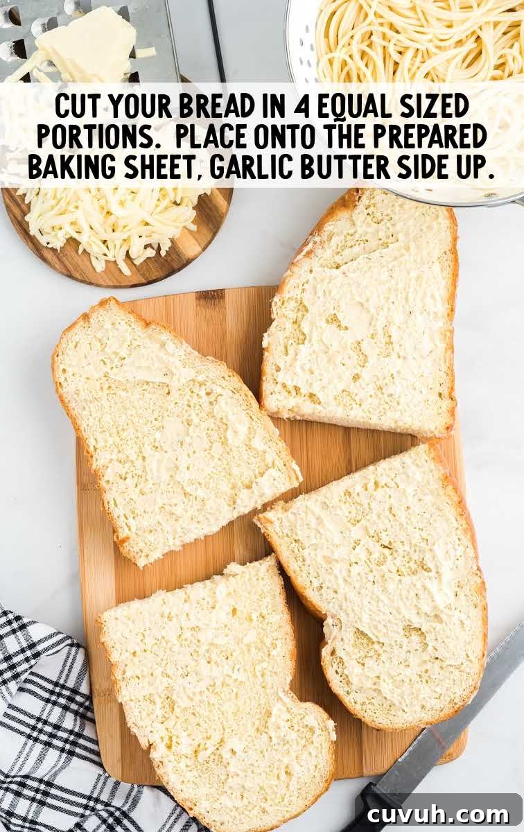 spaghetti stuffed garlic bread process shot of bread being cut and buttered on a wooden board