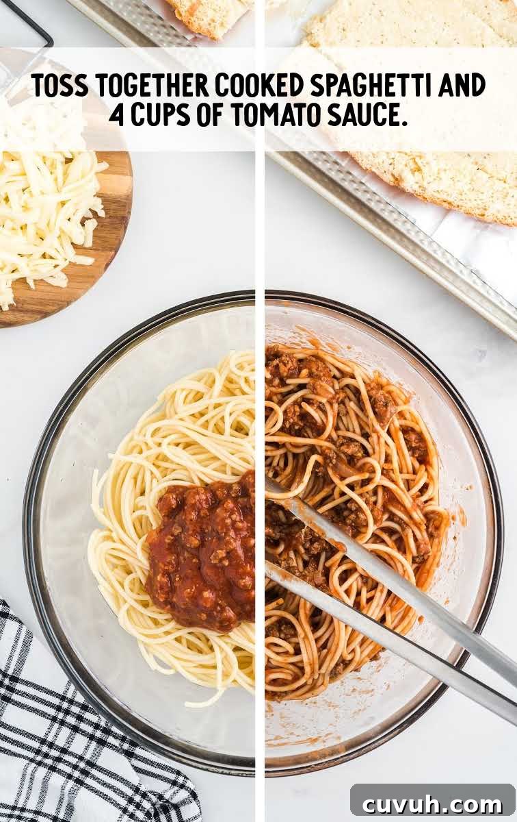 spaghetti stuffed garlic bread process shot of spaghetti being assembled in a bowl