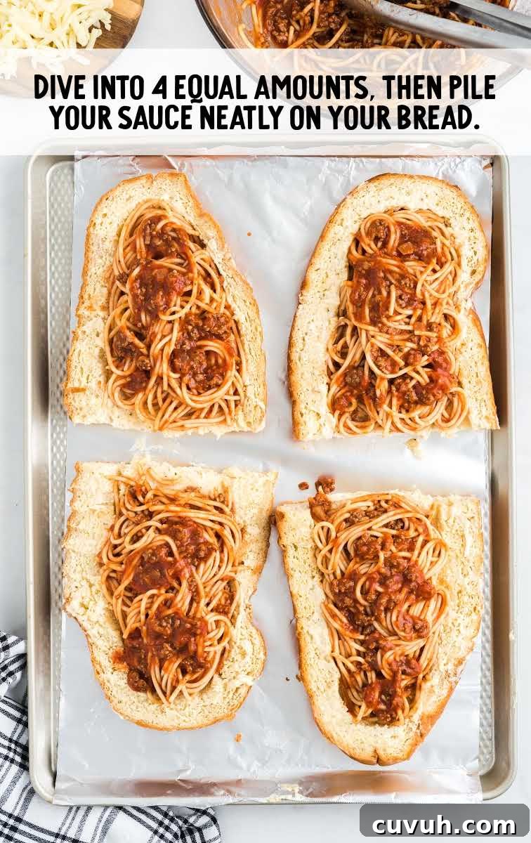 spaghetti stuffed garlic bread process shot of spaghetti being piled on top of slices of bread