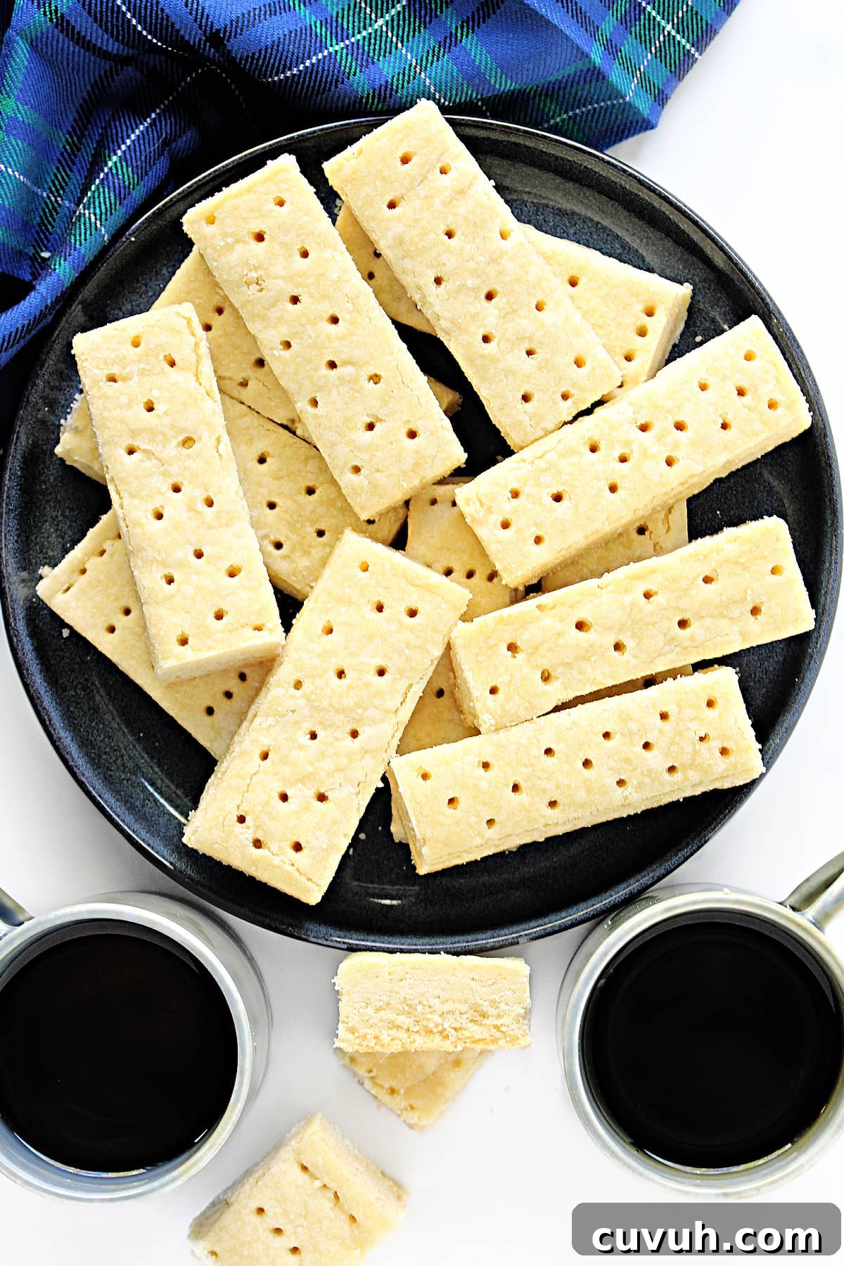 Rectangular fingers of Scottish Shortbread with docking holes on top.