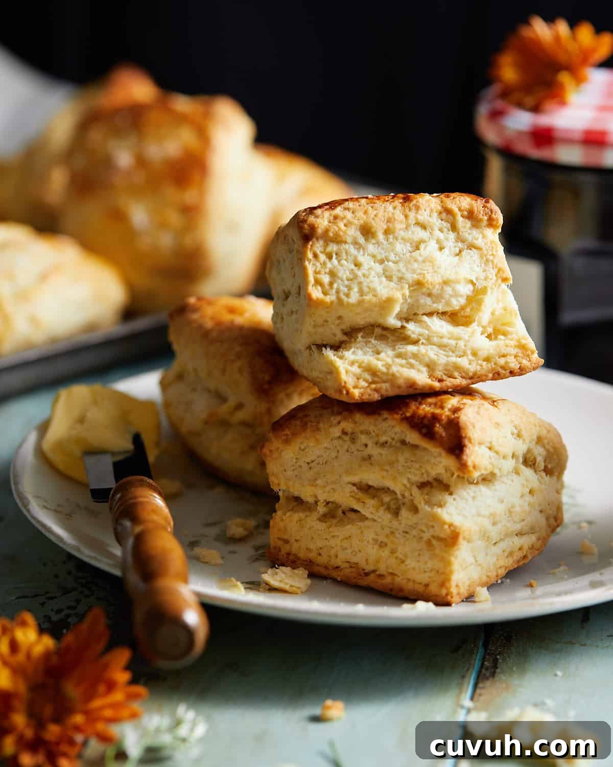 Flaky Homemade Biscuits from Scratch in 30 Minutes 2 From scratch biscuits stacked on top of each other.