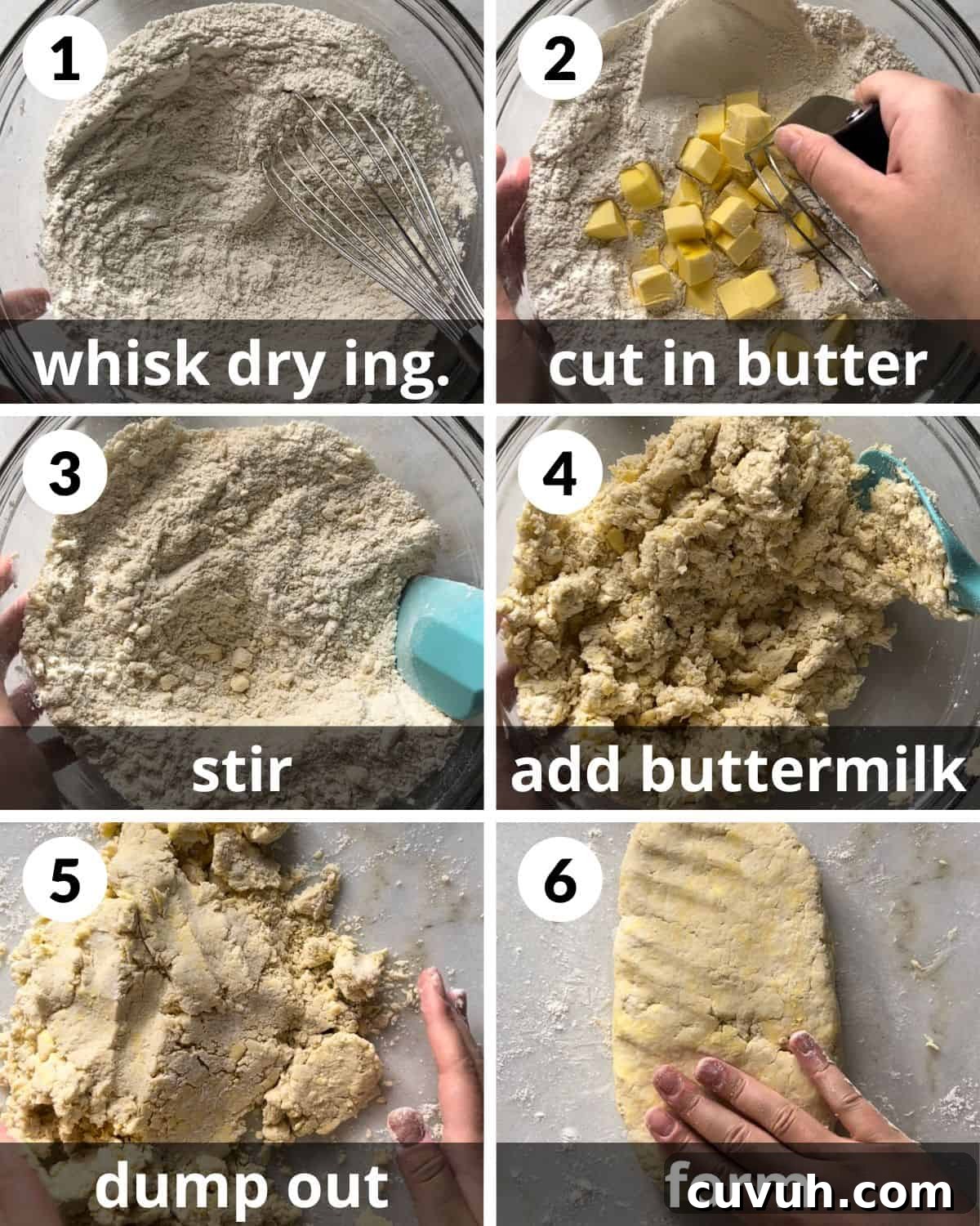 Flaky Homemade Biscuits from Scratch in 30 Minutes 4 A 6 photo collage showing how to make the biscuit dough.