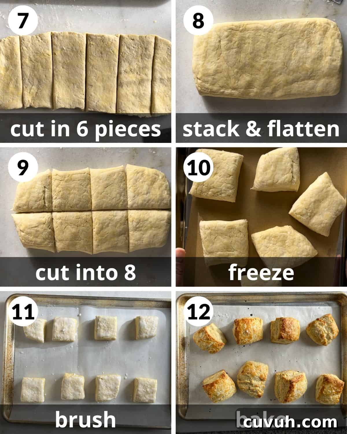 Flaky Homemade Biscuits from Scratch in 30 Minutes 5 A 6 photo collage showing how to shape, cut, and bake the biscuits.