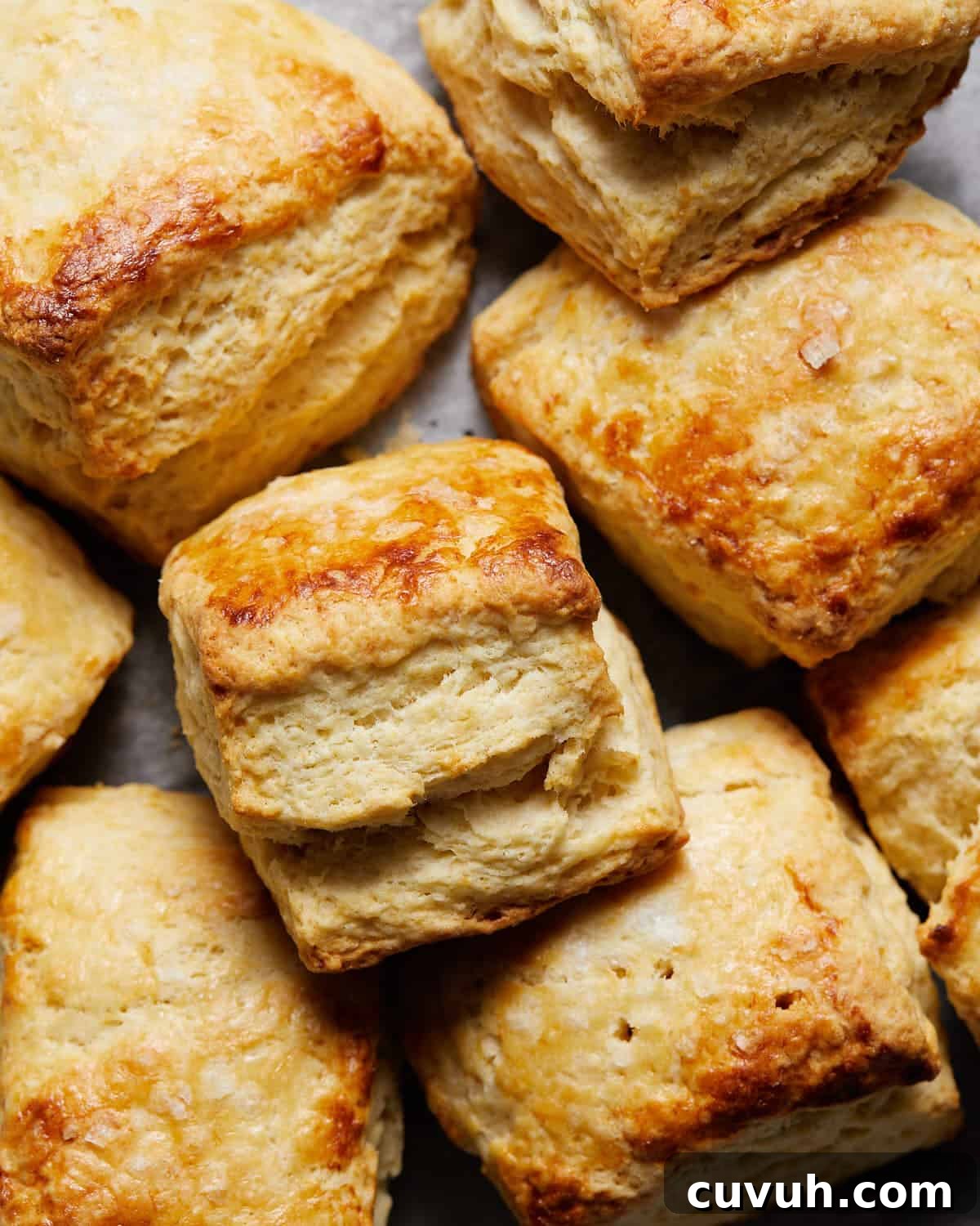 Flaky Homemade Biscuits from Scratch in 30 Minutes 6 Easy homemade biscuits stacked up on baking sheet.