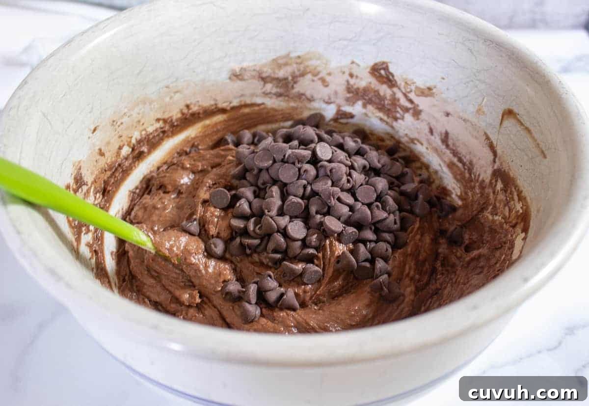 Chocolate chips added to a bowl of chocolate muffin batter.