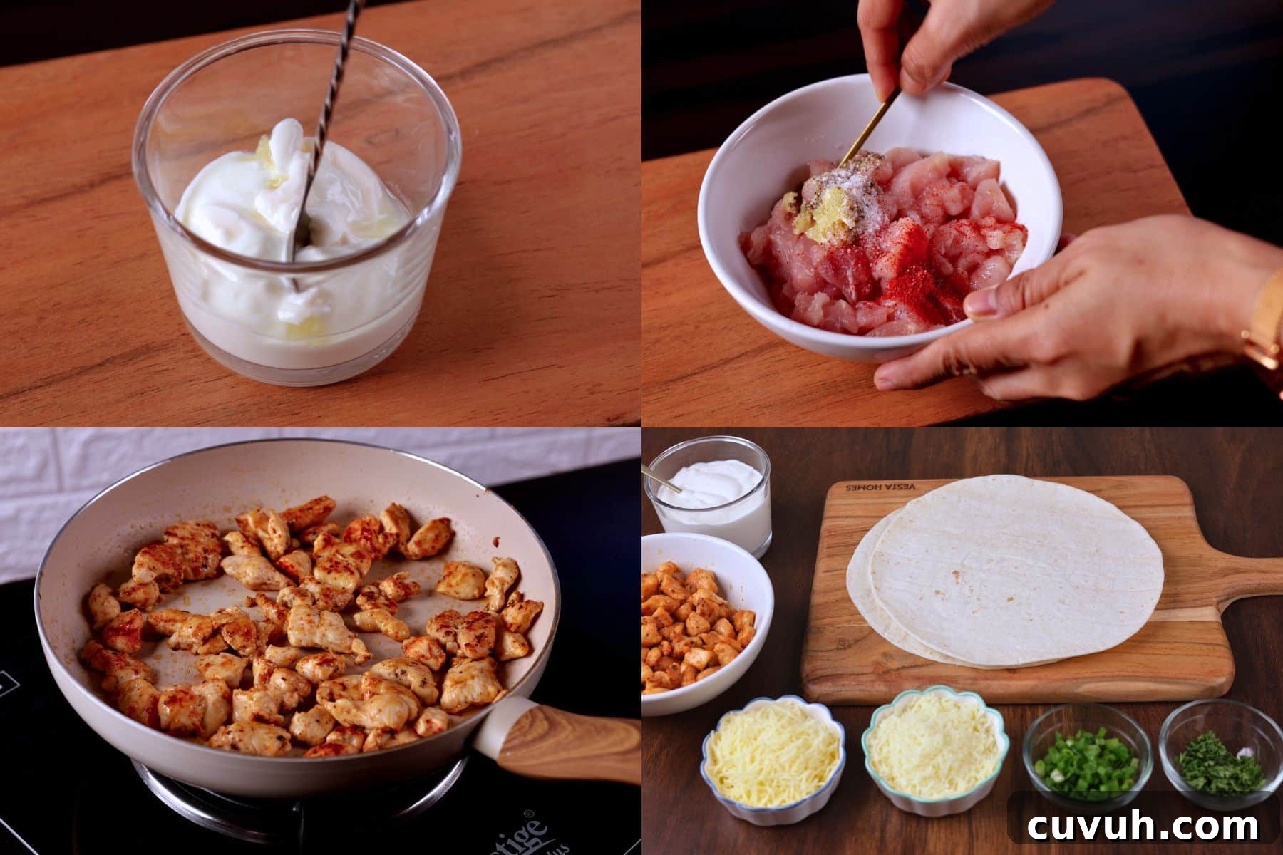 Four-image collage showing the steps: preparing the garlic sauce, seasoning the chicken, and cooking the chicken.