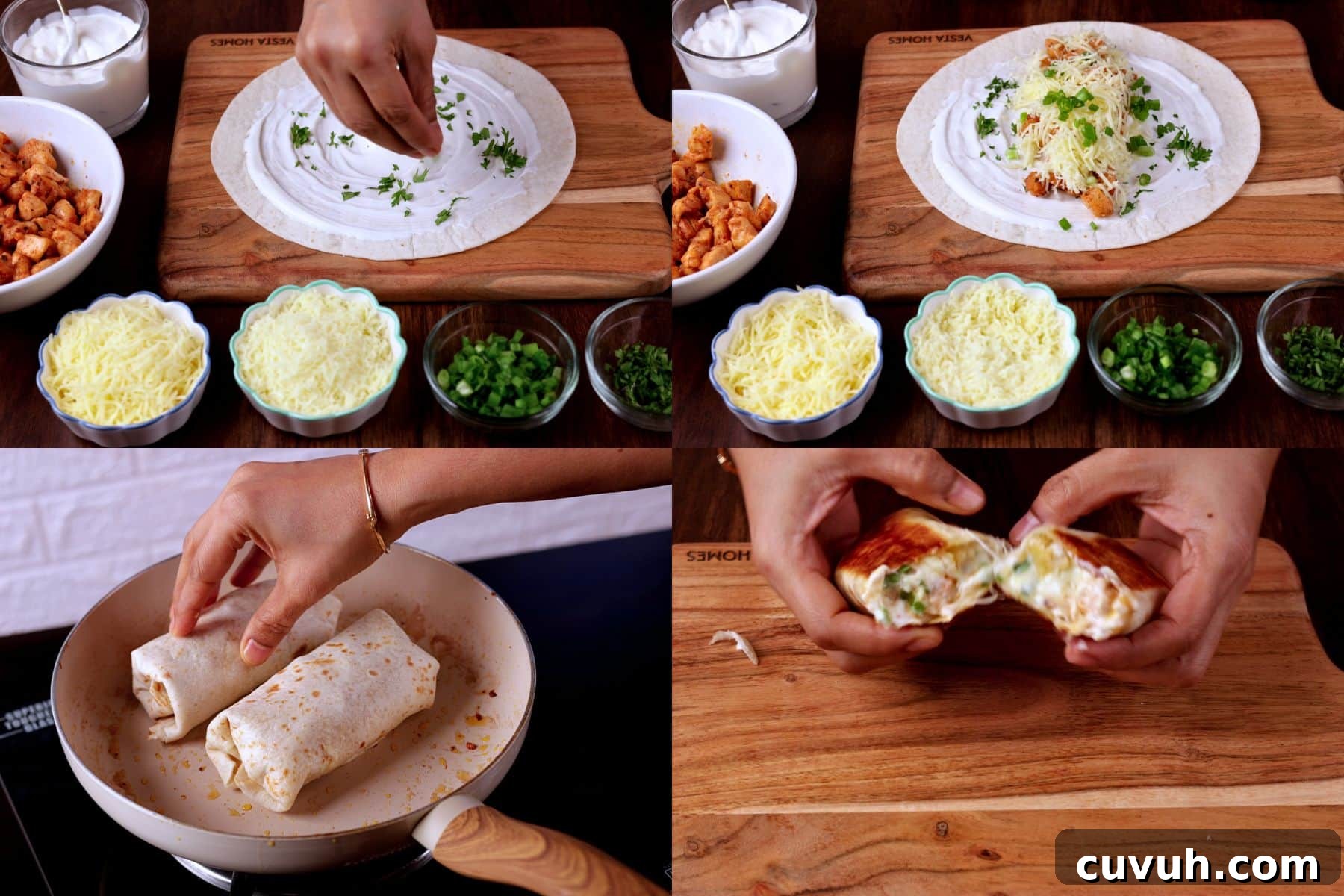 Four-image collage showing the steps: assembling the wraps, wrapping and rolling, toasting, and serving.