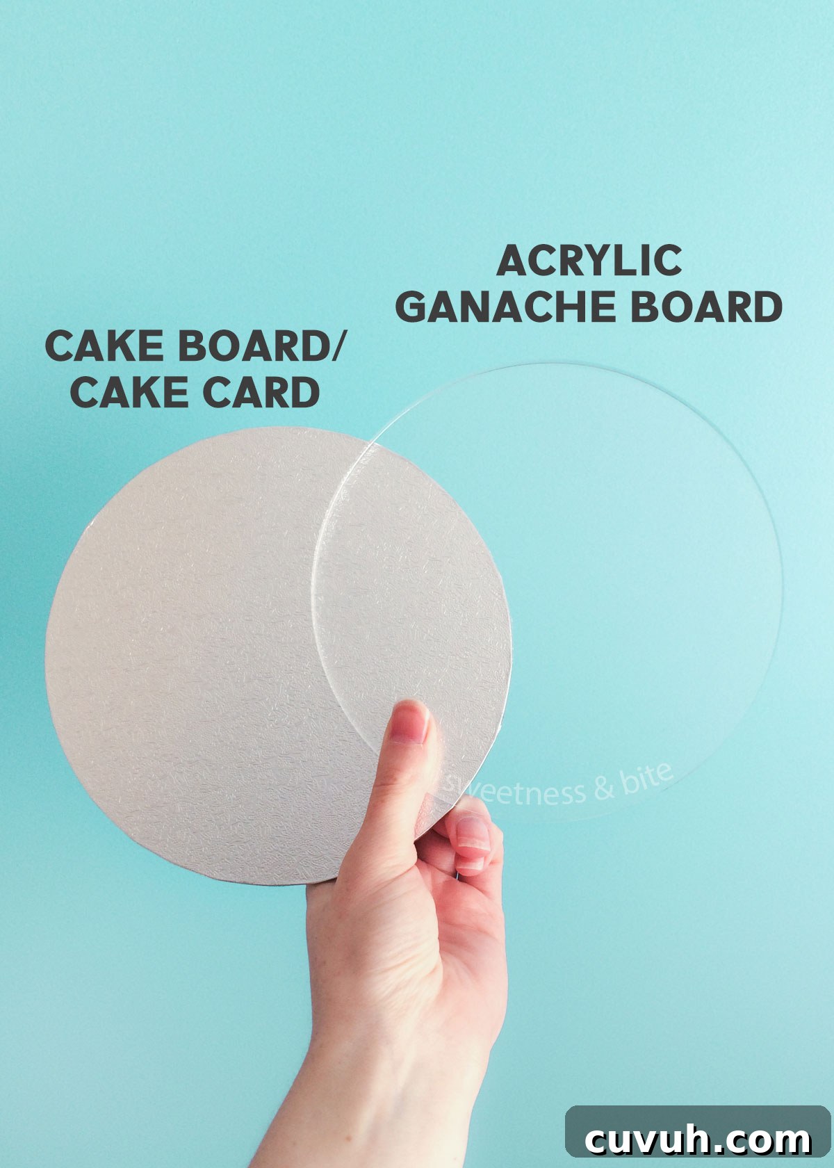 A hand holding a silver cake card and a clear acrylic ganache board the same size.